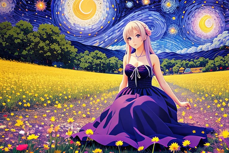  pretty anime girl, flowery field, starry night