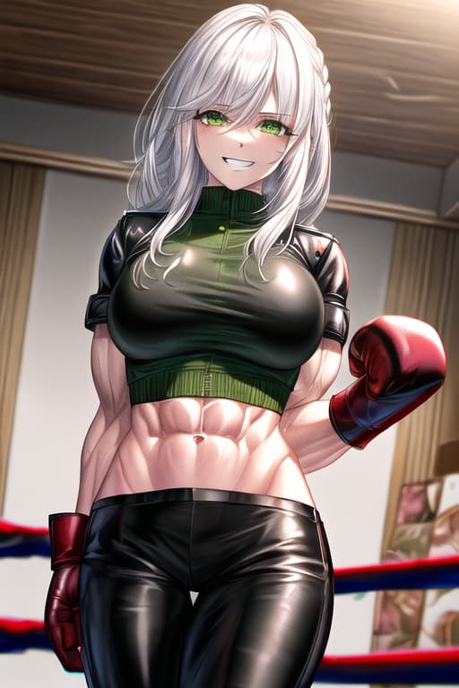  1 young asian women,muscular,big muscles,big biceps,leather jackett,black punk boots,black leather gloves,leather pants,strict,evil grin,black leather bedroom,boxing gloves,black leather jackett,(illustration, brilliant, masterpiece, best quality, highres), (1women, solo), disheveled hair, eyelashes, (delicate beautiful green eyes, floating white hair), uniform,, nature scenery, sunlight, perfect lighting, chromatic aberration, (extremely detailed), (CG), (8k wallpaper:1.2), kind smile, cowboy shot, looking at viewer