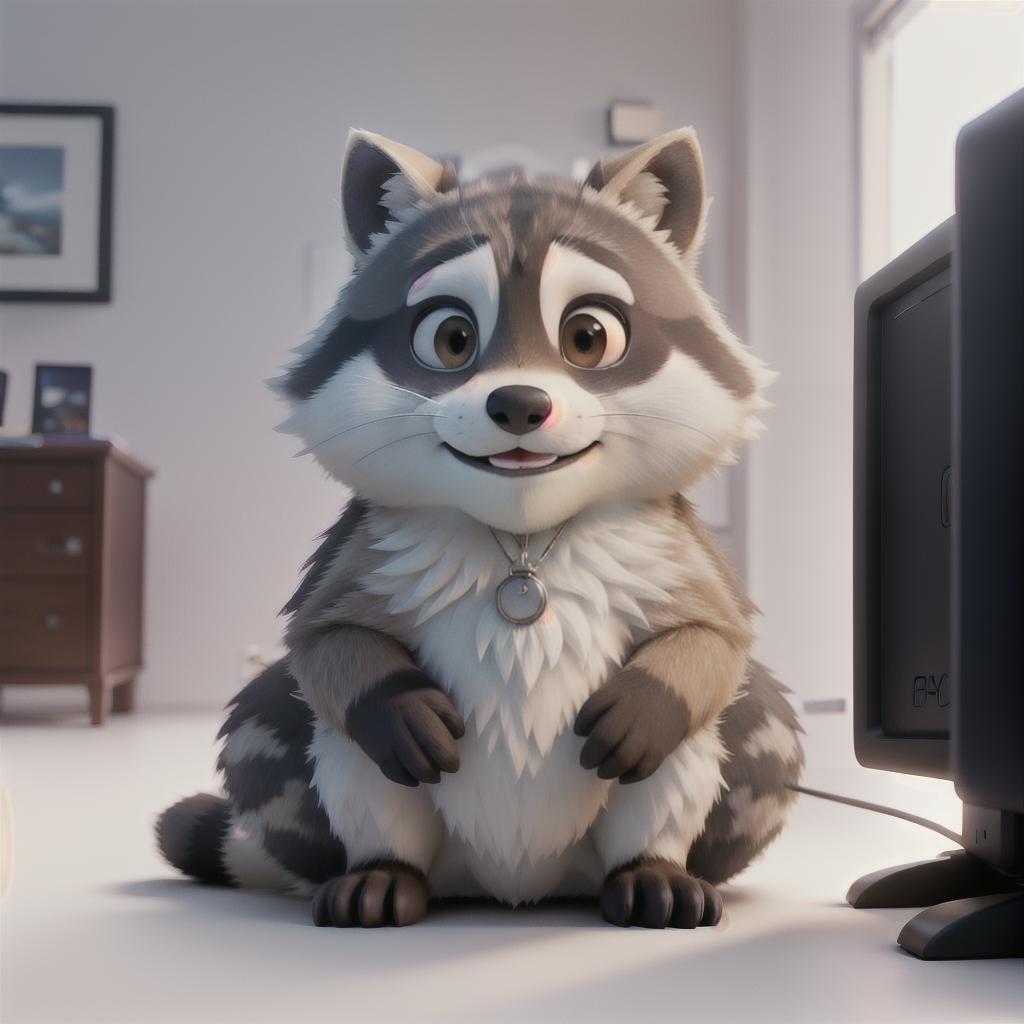  raccoon sitting in gaming chair front a computer on desktop, ((semi anthropomorphic)),(full body), tail, belly, sitting, fat, (chubby), (((white background))), solo, desktop, gaming chair, side view,  [[[clothes]]] hyperrealistic, full body, detailed clothing, highly detailed, cinematic lighting, stunningly beautiful, intricate, sharp focus, f/1. 8, 85mm, (centered image composition), (professionally color graded), ((bright soft diffused light)), volumetric fog, trending on instagram, trending on tumblr, HDR 4K, 8K