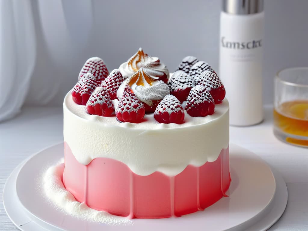  A closeup, highresolution image of a sleek, silver sifón dispenser filled with a fluffy, lightasair espuma dulce in a vibrant shade of raspberry pink. The foam delicately cascades over the top edge of the dispenser, showcasing its airy texture and the glossy finish of the dessert. The background is blurred to keep the focus solely on the elegant yet minimalist design of the sifón and the luscious foam, creating a visually striking and appetizing image. hyperrealistic, full body, detailed clothing, highly detailed, cinematic lighting, stunningly beautiful, intricate, sharp focus, f/1. 8, 85mm, (centered image composition), (professionally color graded), ((bright soft diffused light)), volumetric fog, trending on instagram, trending on tumblr, HDR 4K, 8K