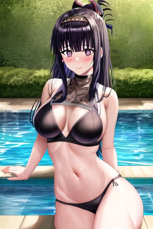  (hinata hyuga:1.3), shy, (masterpiece), (highest quality), (intricate), (high detail),women at pool, competition, black, masterpiece, best quality, high quality, solo