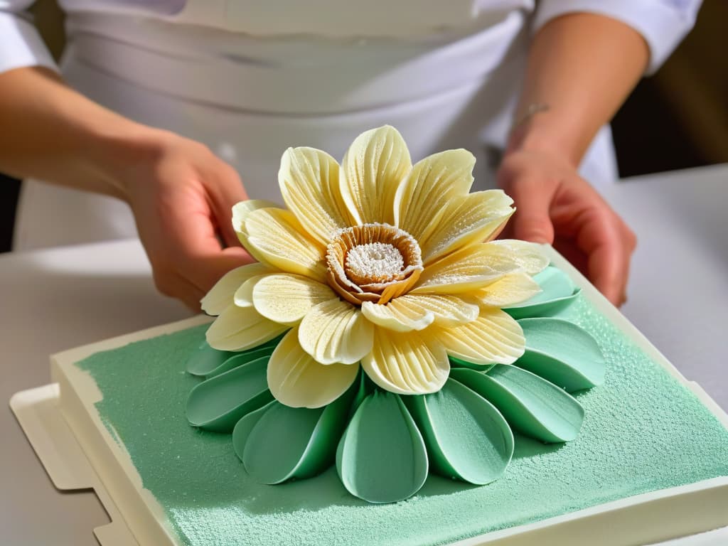  A closeup, ultradetailed image of a delicate sugar flower being meticulously crafted by a skilled pastry chef's hands. The focus is on the intricate details of the petals, showcasing the precision and artistry involved in creating showstopping decorations for pastry competitions. The image is captured in high resolution, highlighting every minute aspect of the process, from the fine lines of the petals to the gentle dusting of edible glitter for a touch of elegance. hyperrealistic, full body, detailed clothing, highly detailed, cinematic lighting, stunningly beautiful, intricate, sharp focus, f/1. 8, 85mm, (centered image composition), (professionally color graded), ((bright soft diffused light)), volumetric fog, trending on instagram, trending on tumblr, HDR 4K, 8K