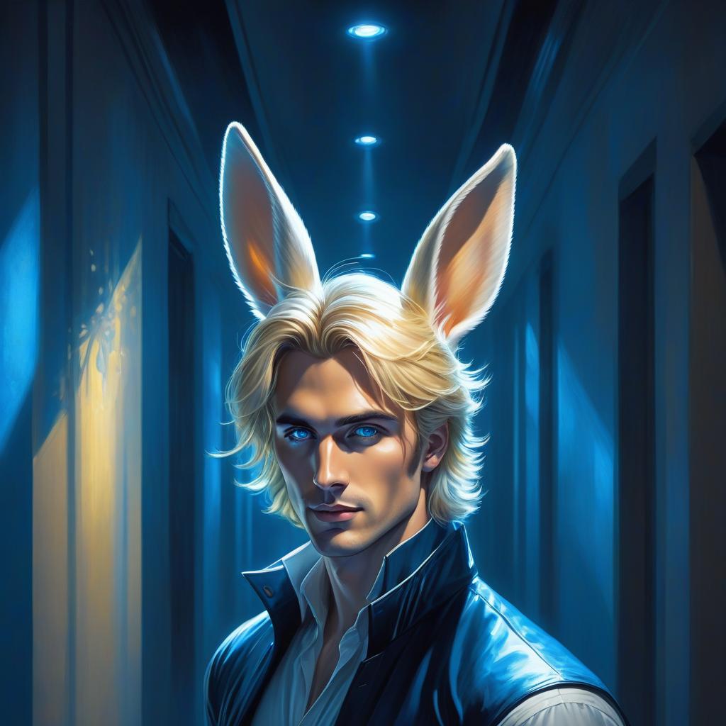  Realistically, a handsome young man a blond, The man has ears like a rabbit with long hair, the man has yellow eyes, and he walks down a corridor lit by blue spotlights, sharp focus, clear and bright eyes, well drawn details, bright and vivid eyes, a beautiful portrait illustration, a portrait in the style of fantasy, blue and white bursts, bright colors, bright eyes, fantastic art, intricate design, highly detailed, clear focus, 8k, high resolution, elegant. hyperrealistic, full body, detailed clothing, highly detailed, cinematic lighting, stunningly beautiful, intricate, sharp focus, f/1. 8, 85mm, (centered image composition), (professionally color graded), ((bright soft diffused light)), volumetric fog, trending on instagram, trending on tumblr, HDR 4K, 8K