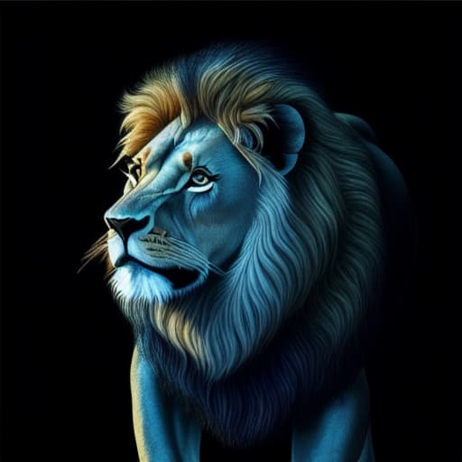  (a lion wearing blue jean), full body, Ghibli style, Anime, vibrant colors, HDR, Enhance, ((plain black background)), masterpiece, highly detailed, 4k, HQ, separate colors, bright colors