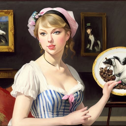  Happy beautiful Taylor Swift with pink cheeks and streaks of sunshine, gazing at a piece of fine dark chocolate, painted in the style of Édouard Manet. Foreground has a plate of fine dark chocolates on a coffee table. Background has a thoroughbred horses, white horse fences, limestone fences