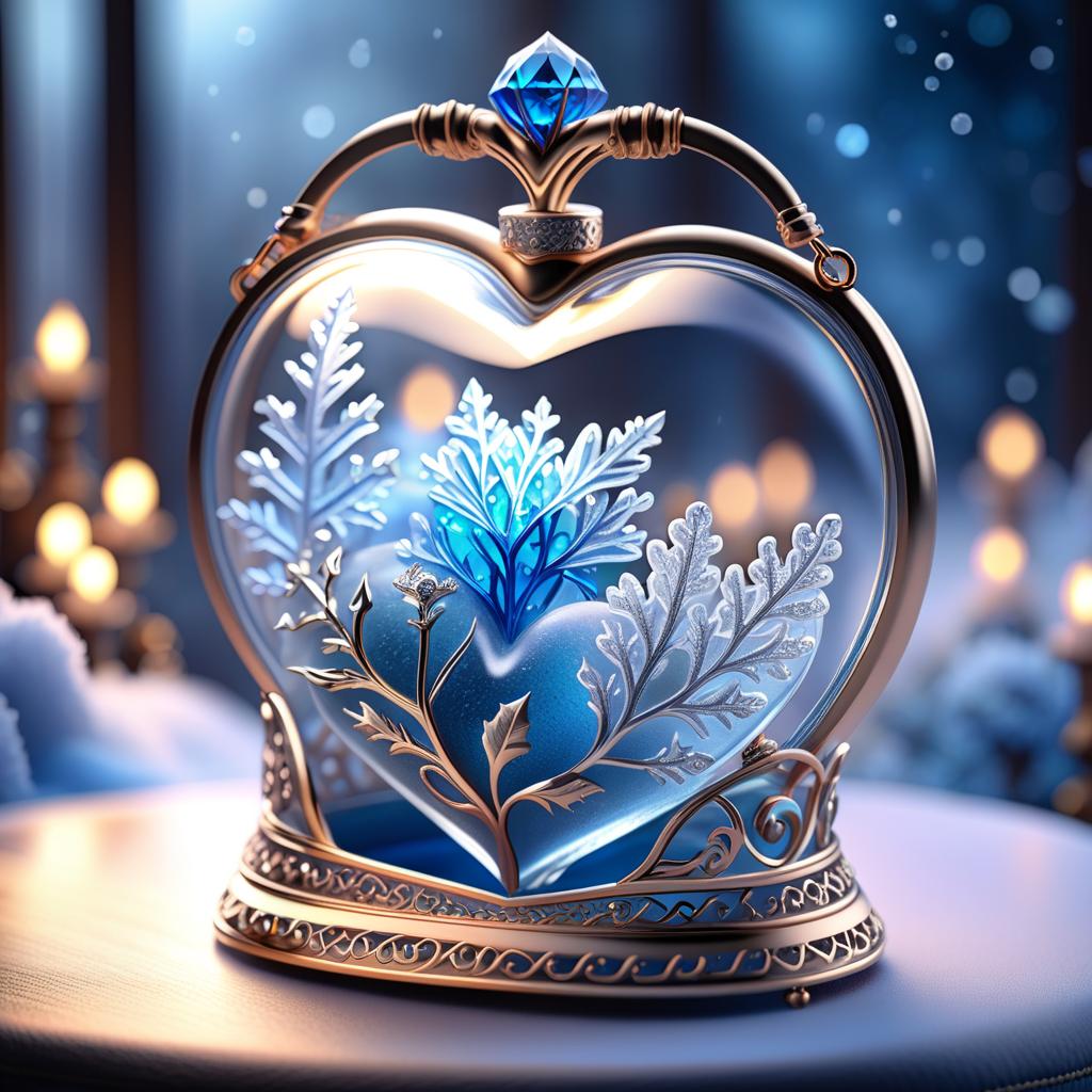  ethereal fantasy concept art of In the foreground in a frame in the form of a fantasy heart. (Inside the frame): there is a crystal vase with snowflake flowers, there is an envelope with a blue sealing wax seal, there is a handbag. (Ladies handbag design):colour silver grey, embroidered with white and blue snowflakes and decorated with a silver decorative chain, and a clasp in the form of two ice flakes. . magnificent, celestial, ethereal, painterly, epic, majestic, magical, fantasy art, cover art, dreamy hyperrealistic, full body, detailed clothing, highly detailed, cinematic lighting, stunningly beautiful, intricate, sharp focus, f/1. 8, 85mm, (centered image composition), (professionally color graded), ((bright soft diffused light)), volumetric fog, trending on instagram, trending on tumblr, HDR 4K, 8K