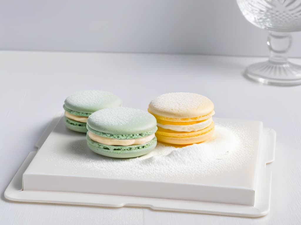  A closeup, ultradetailed image of a single perfect French macaron resting on a delicate, minimalist plate. The macaron is flawlessly smooth, with a glossy surface reflecting light, showcasing its vibrant color. The plate is pristine white, providing a stark contrast that emphasizes the elegance and precision of the macaron's craftsmanship. Every detail, from the subtle cracks on the macaron's surface to the light dusting of powdered sugar on top, is captured with lifelike clarity, inviting viewers to admire the artistry and perfection of this iconic French pastry. hyperrealistic, full body, detailed clothing, highly detailed, cinematic lighting, stunningly beautiful, intricate, sharp focus, f/1. 8, 85mm, (centered image composition), (professionally color graded), ((bright soft diffused light)), volumetric fog, trending on instagram, trending on tumblr, HDR 4K, 8K