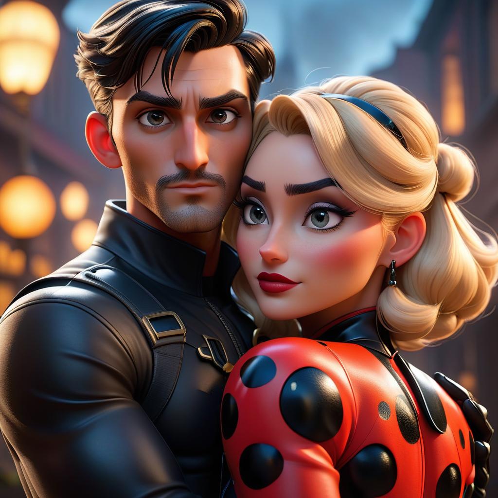  Gabriel Agreste hugs Chloe Bourgeois from the movie "Ladybug and Cat Noir" hyperrealistic, full body, detailed clothing, highly detailed, cinematic lighting, stunningly beautiful, intricate, sharp focus, f/1. 8, 85mm, (centered image composition), (professionally color graded), ((bright soft diffused light)), volumetric fog, trending on instagram, trending on tumblr, HDR 4K, 8K