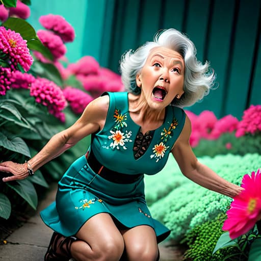   old woman, flower dress, exposing , aheago face, open mouth, squatting dynamic view, from above, looking up at viewer, tongue out, saliva drooling out of her open mouth down her chin and onto her small perky s, pink sports , bottomless, colorful, darl background,flower armor,green theme,exposure blend, medium shot, bokeh, (hdr:1.4), high contrast, (cinematic, teal and orange:0.85), (muted colors, dim colors, soothing tones:1.3), low saturation, hyperrealistic, full body, detailed clothing, highly detailed, cinematic lighting, stunningly beautiful, intricate, sharp focus, f/1. 8, 85mm, (centered image composition), (professionally color graded), ((bright soft diffused light)), volumetric fog, trending on instagram, trending on tumblr, HDR 4K, 8K