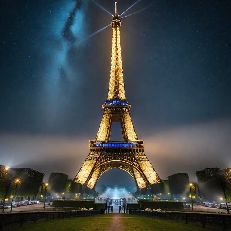  the eifel tower in a starry night with mist hyperrealistic, full body, detailed clothing, highly detailed, cinematic lighting, stunningly beautiful, intricate, sharp focus, f\/1. 8, 85mm, (centered image composition), (professionally color graded), ((bright soft diffused light)), volumetric fog, trending on instagram, trending on tumblr, HDR 4K, 8K
