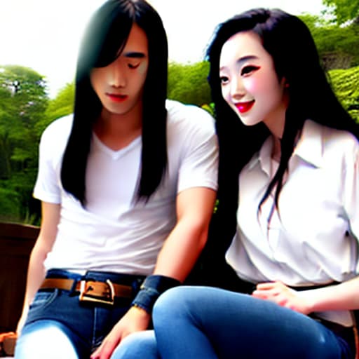  oriental girl long black hair she in dark deep blue flare jeans, best classic jeans with belt and classic white shirt nature flirt love whith girl and two men take off jeans