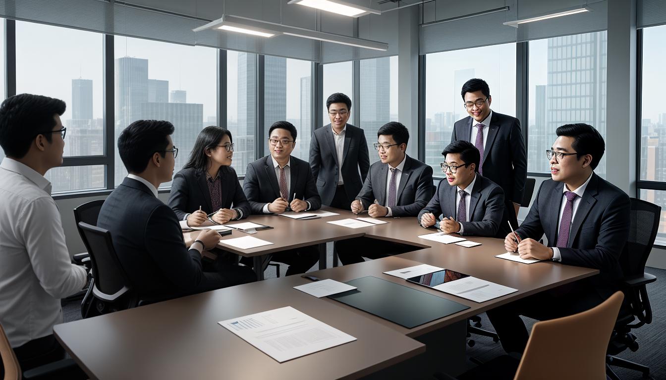  digital illustration, A conference table, diverse group of individuals discussing, figure in focus asking for advice, light shining on the individual, expressions of engagement and attentiveness, setting in a professional, modern environment, collaborative and inclusive atmosphere, looking at viewer, dynamic pose, (intricate details, masterpiece, best quality)