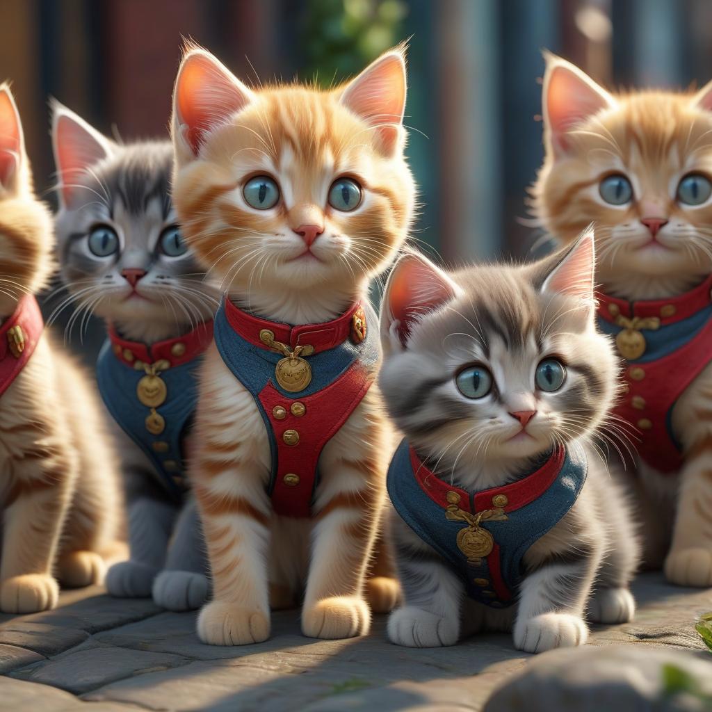  funny kittens hyperrealistic, full body, detailed clothing, highly detailed, cinematic lighting, stunningly beautiful, intricate, sharp focus, f/1. 8, 85mm, (centered image composition), (professionally color graded), ((bright soft diffused light)), volumetric fog, trending on instagram, trending on tumblr, HDR 4K, 8K