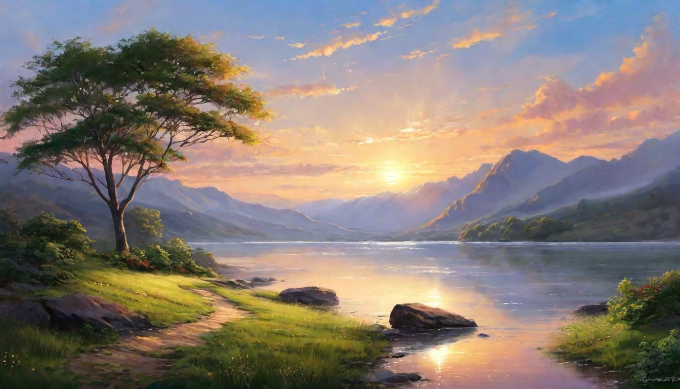  digital painting of A serene landscape at dawn, light gently breaking over the horizon, gratitude and acknowledgment, new beginnings, peaceful reflection looking at viewer, dynamic pose, (intricate details, masterpiece, best quality)