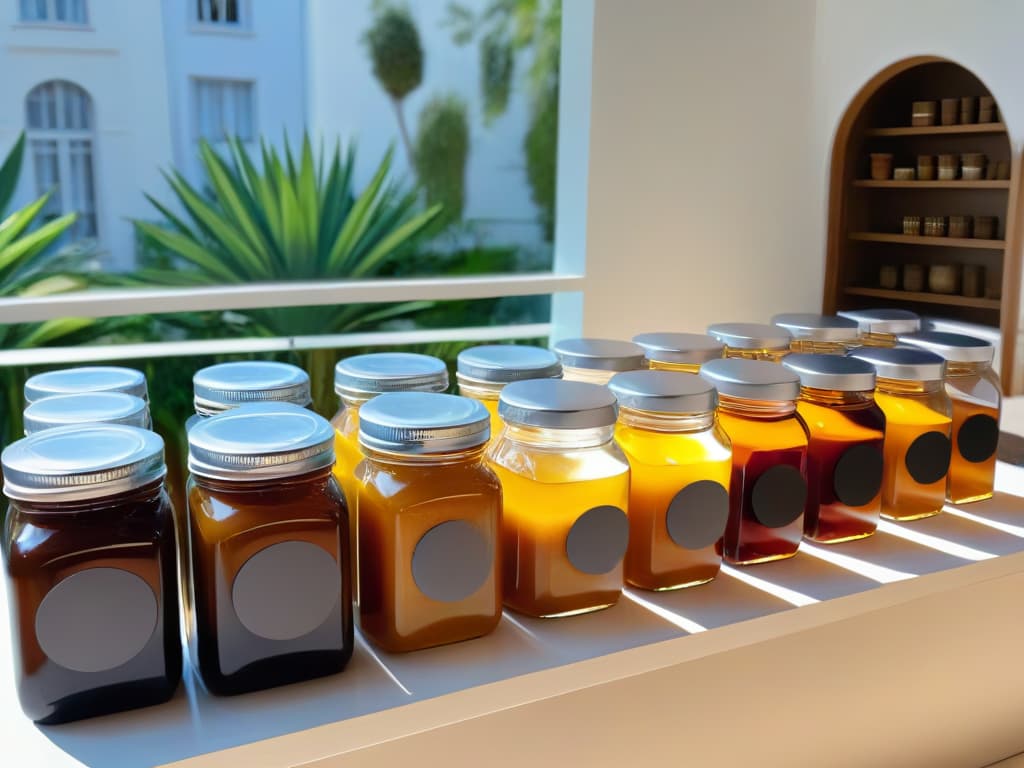  An ultradetailed image of an elegant, minimalist kitchen counter with a variety of natural sweeteners like agave syrup, maple syrup, coconut sugar, and dates neatly arranged in sleek glass jars. The soft, natural light filters in through a nearby window, casting a warm glow on the smooth marble surface, enhancing the organic appeal of the ingredients. Each jar is adorned with a handwritten label showcasing the name of the sweetener in an artistic script, adding a touch of sophistication to the scene. The overall aesthetic is clean, inviting, and harmonious, perfectly complementing the theme of vegan baking with natural sweeteners. hyperrealistic, full body, detailed clothing, highly detailed, cinematic lighting, stunningly beautiful, intricate, sharp focus, f/1. 8, 85mm, (centered image composition), (professionally color graded), ((bright soft diffused light)), volumetric fog, trending on instagram, trending on tumblr, HDR 4K, 8K