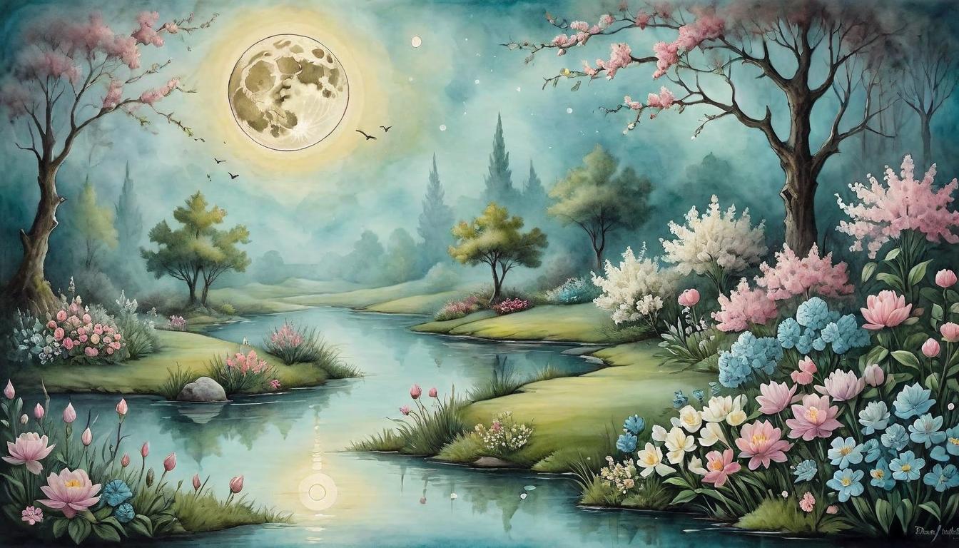  on parchment, surrealism+++, A serene pond reflecting the moon, surrounded by flowers in bloom, serene stillness, intuitive enhancement, feeling the unseen, natural attunement(mysterious, provocative, symbolic,muted color)+++