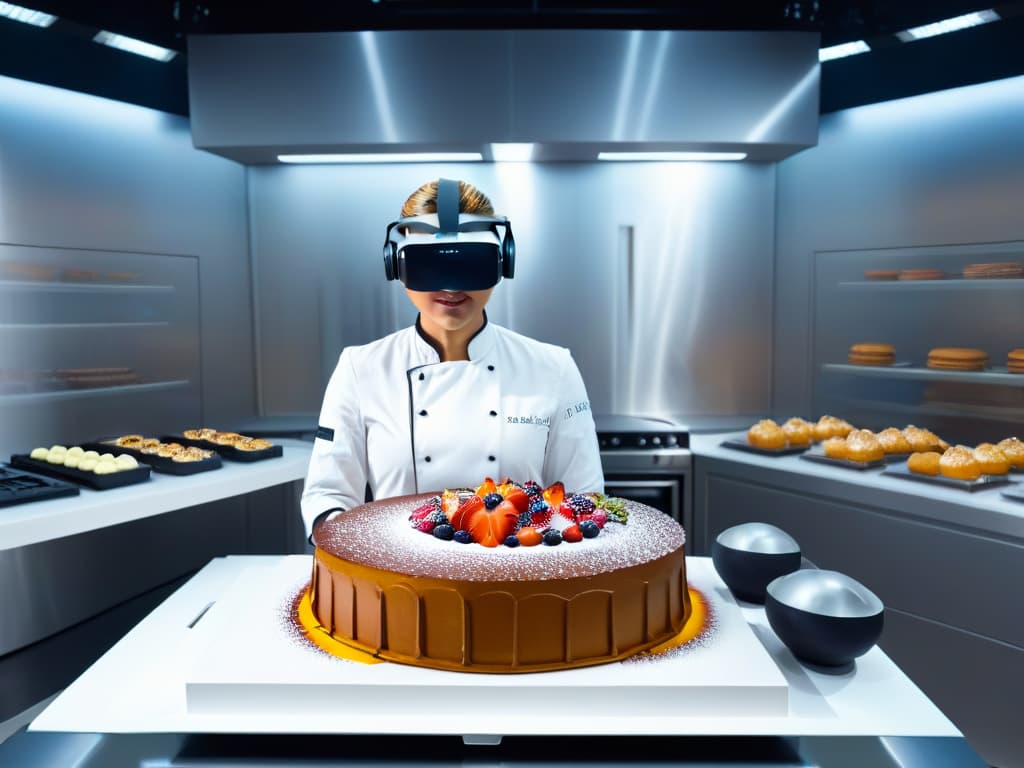  An ultradetailed 8k image of a professional pastry chef wearing a virtual reality headset, surrounded by futuristic holographic baking tools and ingredients, as they create a stunning and innovative virtual dessert. The chef's expression is one of focused concentration and creativity, with a backdrop of a sleek, hightech kitchen setting. The minimalistic style emphasizes the cuttingedge technology and avantgarde approach to pastry making through virtual reality. hyperrealistic, full body, detailed clothing, highly detailed, cinematic lighting, stunningly beautiful, intricate, sharp focus, f/1. 8, 85mm, (centered image composition), (professionally color graded), ((bright soft diffused light)), volumetric fog, trending on instagram, trending on tumblr, HDR 4K, 8K