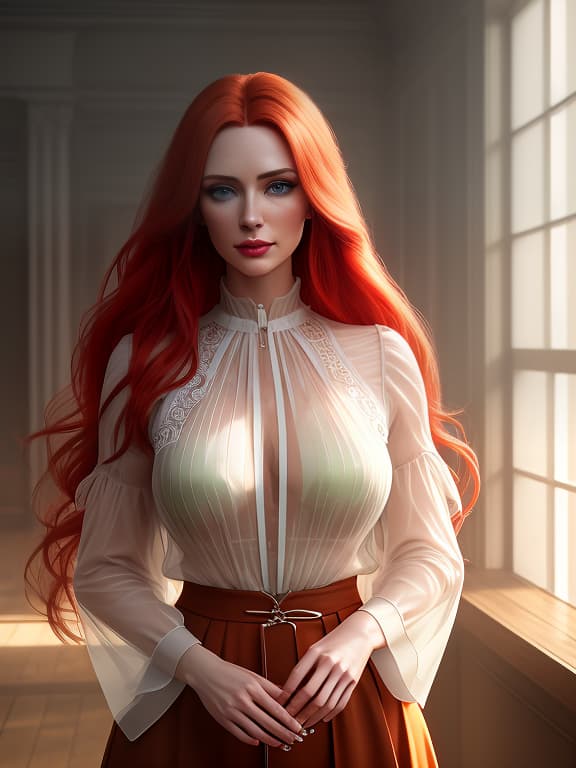  hyperrealistic portrait of a woman in a transparent blouse, moccasins, with long red hair and bright green eyes, wearing a transparent blouse, deep decollete, holding a beer. artstation, hyperrealistic, full body, detailed clothing, highly detailed, cinematic lighting, stunningly beautiful, intricate, sharp focus, f/1. 8, 85mm, (centered image composition), (professionally color graded), ((bright soft diffused light)), volumetric fog, trending on instagram, trending on tumblr, HDR 4K, 8K