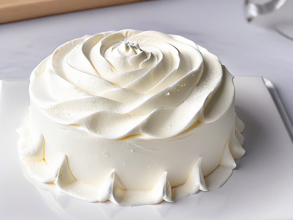  An ultradetailed closeup image of a glossy, perfectly peaked white meringue, delicately piped onto a baking sheet, with tiny sugar crystals glistening on its surface. The meringue is beautifully swirled and smooth, capturing the essence of a flawless, airy texture and the peak of perfection in meringuemaking. Each delicate ripple and curve is highlighted, showcasing the skill and precision required to achieve such a stunning dessert element. hyperrealistic, full body, detailed clothing, highly detailed, cinematic lighting, stunningly beautiful, intricate, sharp focus, f/1. 8, 85mm, (centered image composition), (professionally color graded), ((bright soft diffused light)), volumetric fog, trending on instagram, trending on tumblr, HDR 4K, 8K