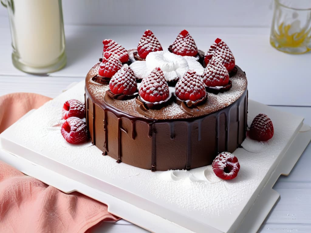  A closeup, ultradetailed image of a luscious and decadent chocolate cake topped with fresh raspberries and a light dusting of powdered sugar on a sleek, modern white plate with a minimalist background. The rich, glossy texture of the cake contrasts beautifully with the vibrant red raspberries, creating a visually striking and appetizing composition that conveys the use of natural sweeteners in creating indulgent yet nutritious desserts. hyperrealistic, full body, detailed clothing, highly detailed, cinematic lighting, stunningly beautiful, intricate, sharp focus, f/1. 8, 85mm, (centered image composition), (professionally color graded), ((bright soft diffused light)), volumetric fog, trending on instagram, trending on tumblr, HDR 4K, 8K