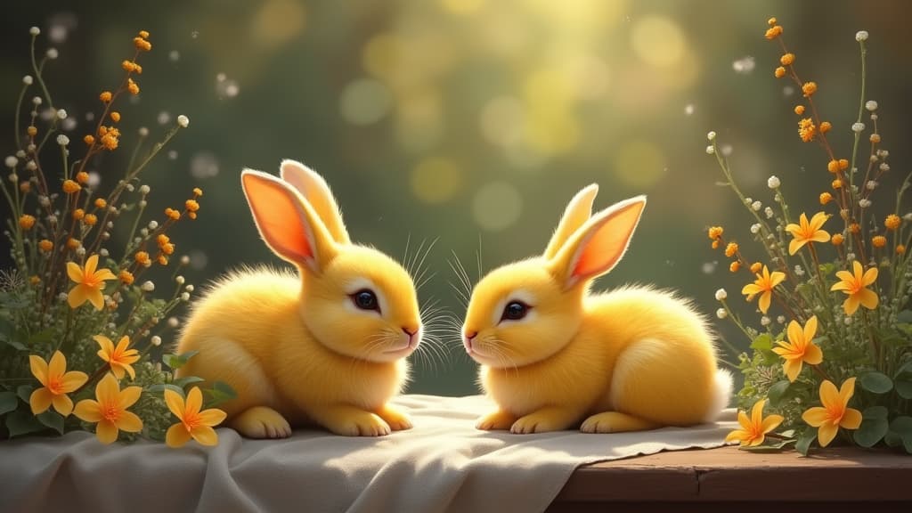  good quality, high quality, enchanted fairy tale still life with adorable yellow bunnies and rustic charm digital painting