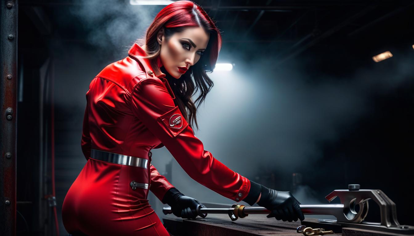  Girl in red with a wrench hyperrealistic, full body, detailed clothing, highly detailed, cinematic lighting, stunningly beautiful, intricate, sharp focus, f/1. 8, 85mm, (centered image composition), (professionally color graded), ((bright soft diffused light)), volumetric fog, trending on instagram, trending on tumblr, HDR 4K, 8K