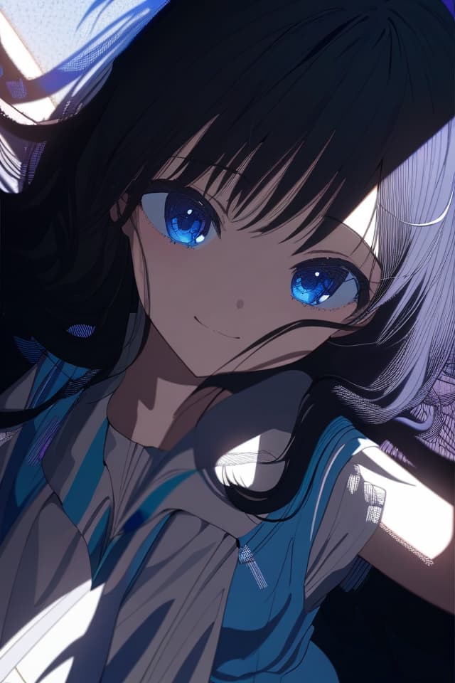  a beautiful black haired girl,long messy hair,beautiful detailed deep blue eyes,cute and beautiful face,shy smile,School uniform,colorful,(masterpiece:1.2),(best quality:1.2),ultra detailed,best shadow,detailed background,high contrast,(best illumination,an extremely delicate and beautiful),((cinematic light)),hyper detail,dramatic light,intricate details,8k,anime,very aesthetic,