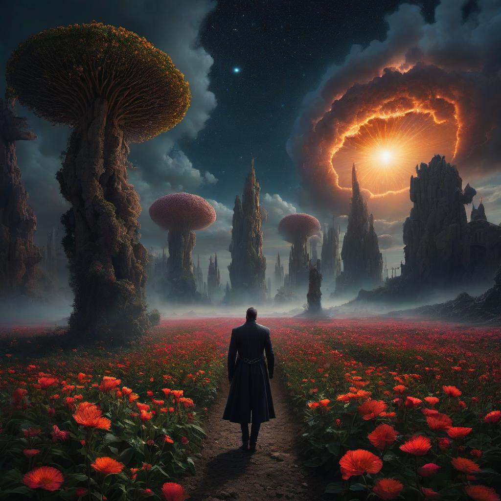  (stylized by Tomasz Alen Kopera:1.3) , dark art, dense flower field and Perseid meteor in background, landscape of a (Barcelona:1.2) , very Bizarre and 1600'S, Hurricane, Glitchcore, Amaro, layered textures, ornate, intricate artistic color, complimentary colors, very inspirational, atmosphere, fine artistic composition, sunny, theatrical hyperrealistic, full body, detailed clothing, highly detailed, cinematic lighting, stunningly beautiful, intricate, sharp focus, f/1. 8, 85mm, (centered image composition), (professionally color graded), ((bright soft diffused light)), volumetric fog, trending on instagram, trending on tumblr, HDR 4K, 8K