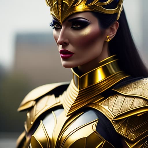  shoulder gold women armor hyperrealistic, full body, detailed clothing, highly detailed, cinematic lighting, stunningly beautiful, intricate, sharp focus, f/1. 8, 85mm, (centered image composition), (professionally color graded), ((bright soft diffused light)), volumetric fog, trending on instagram, trending on tumblr, HDR 4K, 8K