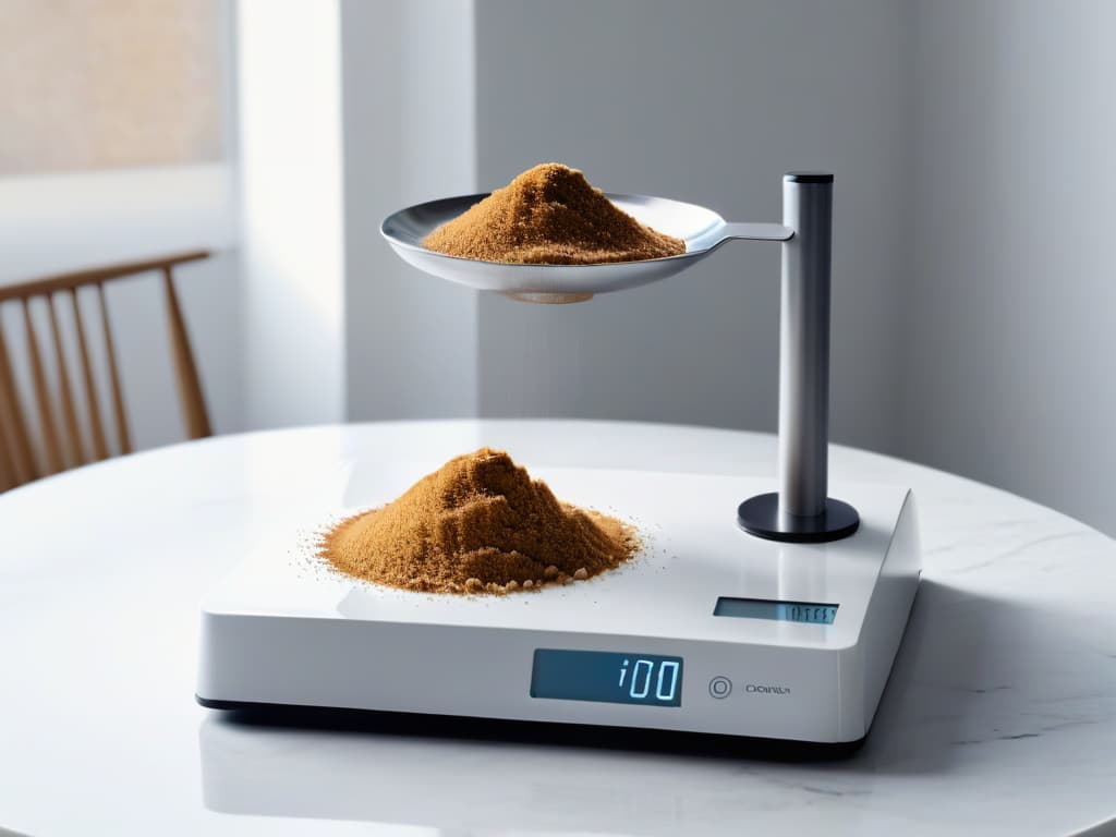  An ultradetailed image of a sleek, modern kitchen scale with a small heap of golden brown sugar carefully weighed on its surface. The scale sits on a clean, white marble countertop, with soft, natural light filtering in from a nearby window, casting a gentle shadow of the scale onto the surface. The grains of sugar are perfectly illuminated, showcasing their rich, caramel hues and delicate textures. The overall aesthetic is minimalist, highlighting the beauty of the simple act of measuring out the finest quality brown sugar for a delectable dessert. hyperrealistic, full body, detailed clothing, highly detailed, cinematic lighting, stunningly beautiful, intricate, sharp focus, f/1. 8, 85mm, (centered image composition), (professionally color graded), ((bright soft diffused light)), volumetric fog, trending on instagram, trending on tumblr, HDR 4K, 8K