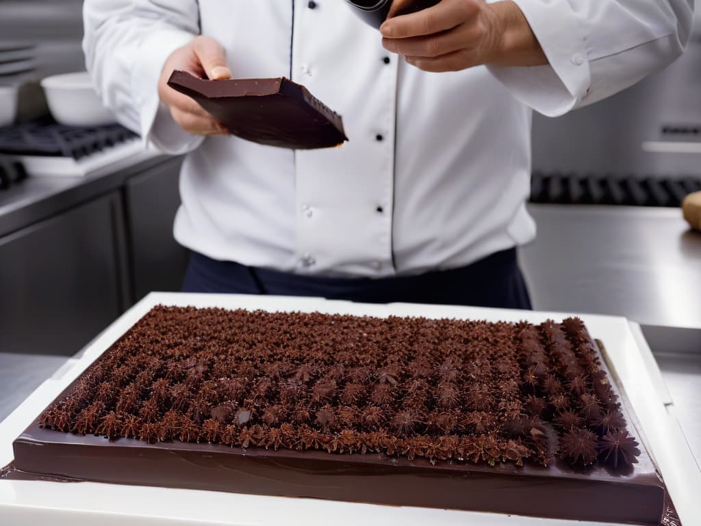  An ultradetailed photorealistic image of a master chocolatier in a pristine kitchen, meticulously tempering luxurious dark chocolate over a marble slab. The expert's hands are skillfully swirling the glossy chocolate, capturing the elegant dance of tempering, while the ambient light beautifully reflects off the shiny surface, emphasizing the artistry and precision of the process. The scene is framed to highlight the dedication and expertise required to achieve the perfect shine and snap in chocolate, inspiring admiration and aspiration in the viewer. hyperrealistic, full body, detailed clothing, highly detailed, cinematic lighting, stunningly beautiful, intricate, sharp focus, f/1. 8, 85mm, (centered image composition), (professionally color graded), ((bright soft diffused light)), volumetric fog, trending on instagram, trending on tumblr, HDR 4K, 8K