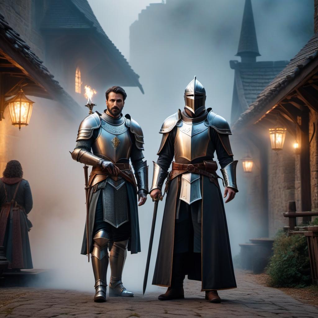  A knight and a wizard are standing next to each other. hyperrealistic, full body, detailed clothing, highly detailed, cinematic lighting, stunningly beautiful, intricate, sharp focus, f/1. 8, 85mm, (centered image composition), (professionally color graded), ((bright soft diffused light)), volumetric fog, trending on instagram, trending on tumblr, HDR 4K, 8K