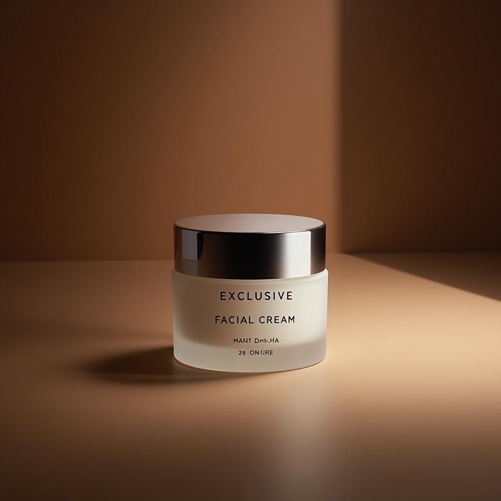  exclusive facial cream jar with a sleek, silver cap, placed against a dark to light brown gradient background, suggests luxury, captured using a medium format camera, lighting should cast a sharp, angled shadow to convey the premium nature of the product