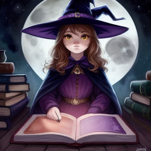  watercolor, storybook, child-book, witch, A curious witch girl in a purple hat looking at a large, bright yellow star next to the moon, purple hat, large yellow star, moon, best quality, very detailed, high resolution, sharp, sharp image hyperrealistic, full body, detailed clothing, highly detailed, cinematic lighting, stunningly beautiful, intricate, sharp focus, f/1. 8, 85mm, (centered image composition), (professionally color graded), ((bright soft diffused light)), volumetric fog, trending on instagram, trending on tumblr, HDR 4K, 8K