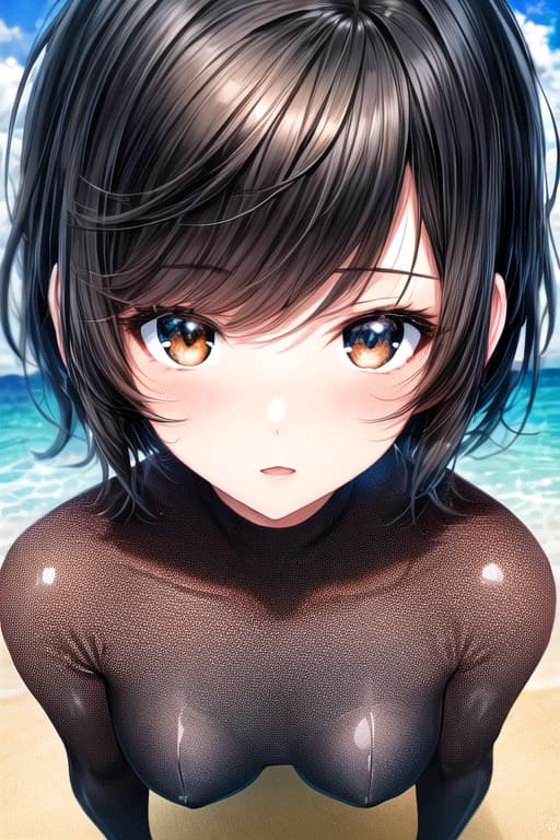  cute anime girl on beach,short black hair,brown eyes,bodysuit,girl, masterpiece, best quality, extremely detailed background, illustration, beautiful detailed, dramatic light, gorgeous eyes, solo