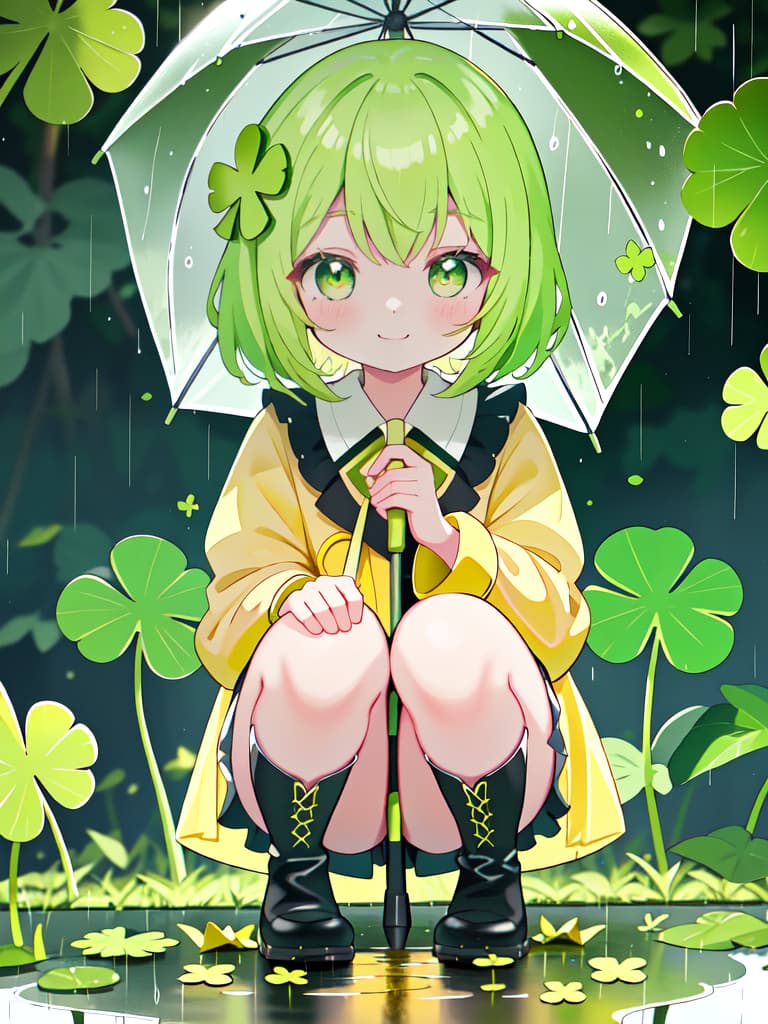  Staring at the four leaf clover with an umbrella in the rain, a yellow raincoat and a yellow green haired girl with boots, crouching and staring at the four leaf clover on the ground and staring with a smile., masterpiece, best quality,8k,ultra detailed,high resolution,an extremely delicate and beautiful,hyper detail