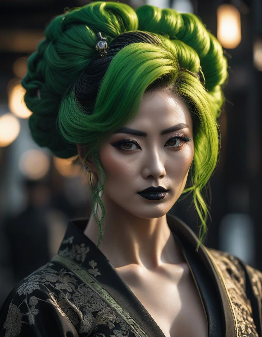  silhouette style Gorgeous fluid, realistic and intricate, high definition portrait of a Gothic Geisha with realistic, clear eyes and detailed green hair, high resolution, photorealistic, Nikon Z9, 85mm F1.2, DOF, sharp focus very detailed and extremely beautiful. Intricate photorealistic 8k winning photography masterpiece, ultra detailed high definition sharp quality focused in hdr Ultra realistic, HR Ginger . high contrast, minimalistic, black and white, stark, dramatic hyperrealistic, full body, detailed clothing, highly detailed, cinematic lighting, stunningly beautiful, intricate, sharp focus, f/1. 8, 85mm, (centered image composition), (professionally color graded), ((bright soft diffused light)), volumetric fog, trending on instagram, trending on tumblr, HDR 4K, 8K