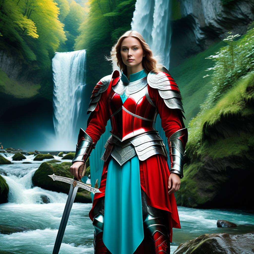  cinematic film still A very beautiful angel with two turquoise wings in all red and silver armor of the mid 15th century, as in the works of Konrad Witz, stands at the foot of the waterfall, leaning on a huge sword.sfw, best quality, masterpiece, ultra high resolution, photorealistic, old stands tall, dressed in slightly transparent fabric, full body, long black hair ided, modeling, dynamic pose, artist in his studio, detailed face, detailed skin, beautiful detailed eyes, detailed lips, bright makeup. (dynamic pose: 0.3), miniature, artist, detailed background, . shallow depth of field, vignette, highly detailed, high budget, bokeh, cinemascope, moody, epic, gorgeous, film grain, grainy hyperrealistic, full body, detailed clothing, highly detailed, cinematic lighting, stunningly beautiful, intricate, sharp focus, f/1. 8, 85mm, (centered image composition), (professionally color graded), ((bright soft diffused light)), volumetric fog, trending on instagram, trending on tumblr, HDR 4K, 8K