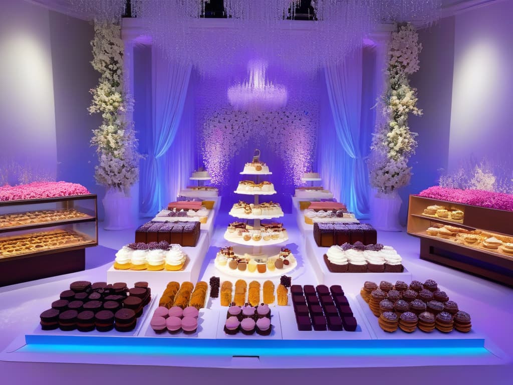  A photorealistic image of an elegant dessert table at a special event, featuring a stunning array of multisensory desserts. The table is adorned with intricately designed cakes, colorful macarons, shimmering chocolates, and exquisite pastries, each meticulously crafted to entice all senses. Soft ambient lighting highlights the intricate details of the desserts, while delicate floral arrangements add a touch of sophistication to the display. The image captures the essence of a luxurious and immersive culinary experience, showcasing the artistry and innovation of multisensory desserts for special occasions. hyperrealistic, full body, detailed clothing, highly detailed, cinematic lighting, stunningly beautiful, intricate, sharp focus, f/1. 8, 85mm, (centered image composition), (professionally color graded), ((bright soft diffused light)), volumetric fog, trending on instagram, trending on tumblr, HDR 4K, 8K