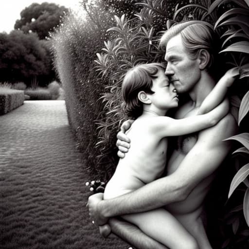  Two Beautiful old and boy in the bushes with no clothes on hugging and ing for the ls magazine, leonardo diffusion, stable diffusion, absolute reality v1.6, perfect symmetry, photo realistic raw, jock sturges and David hamilton style