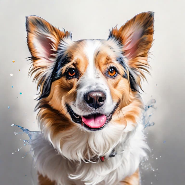  best quality professional photograph, water paint art style, cute dog, ultra high quality model