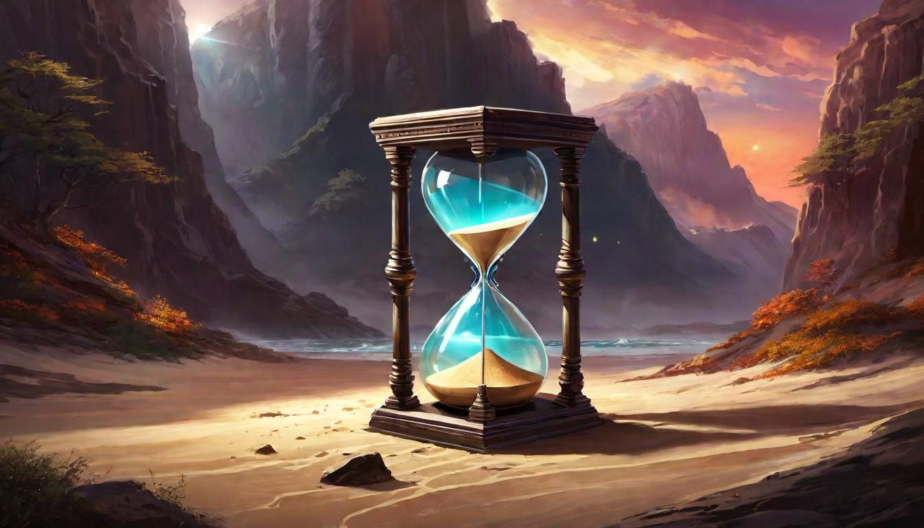  digital painting of Giant hourglass, sands of time glowing, scales beneath, celestial light streaming, aura of finality and accountability looking at viewer, dynamic pose, (intricate details, masterpiece, best quality)