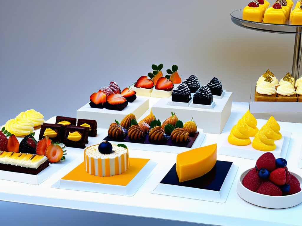  An ultradetailed, minimalist image of a sleek, modern dessert table display featuring innovative thematic desserts meticulously arranged on geometric serving platters. Each dessert is a work of art, showcasing intricate designs and vibrant colors that symbolize creativity and trendsetting in thematic dessert concepts. The overall aesthetic is clean, sophisticated, and visually captivating, embodying the essence of innovation in thematic dessert trends. hyperrealistic, full body, detailed clothing, highly detailed, cinematic lighting, stunningly beautiful, intricate, sharp focus, f/1. 8, 85mm, (centered image composition), (professionally color graded), ((bright soft diffused light)), volumetric fog, trending on instagram, trending on tumblr, HDR 4K, 8K