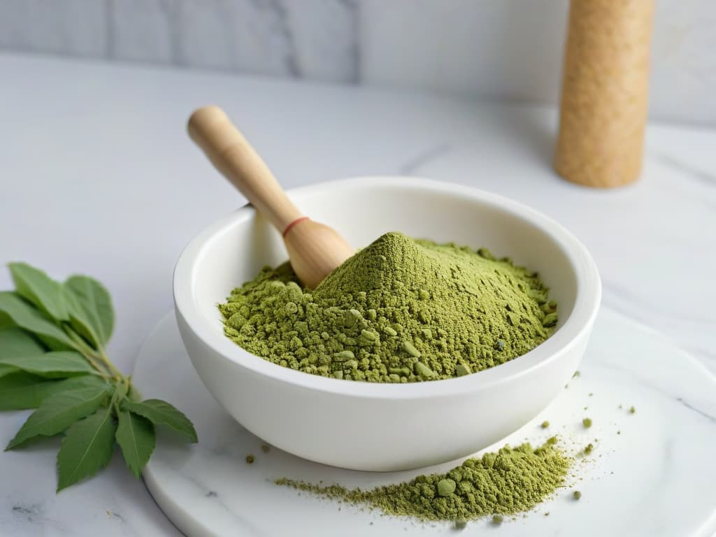  An ultradetailed closeup image of a delicate white porcelain mortar and pestle, filled with vibrant green powdered ashwagandha, set against a soft, blurred background of dried ashwagandha leaves scattered on a sleek marble countertop. The fine texture of the powder is visible, with tiny particles reflecting light, creating a sense of tranquility and precision in the preparation process. hyperrealistic, full body, detailed clothing, highly detailed, cinematic lighting, stunningly beautiful, intricate, sharp focus, f/1. 8, 85mm, (centered image composition), (professionally color graded), ((bright soft diffused light)), volumetric fog, trending on instagram, trending on tumblr, HDR 4K, 8K