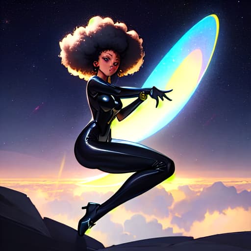  (A Cute Afro Woman wearing a Black Bodysuit and has Shiny Lipgloss on in a Starry Night Sky Background), anime, highly detailed, 4k, high quality, trending on art station hyperrealistic, full body, detailed clothing, highly detailed, cinematic lighting, stunningly beautiful, intricate, sharp focus, f/1. 8, 85mm, (centered image composition), (professionally color graded), ((bright soft diffused light)), volumetric fog, trending on instagram, trending on tumblr, HDR 4K, 8K