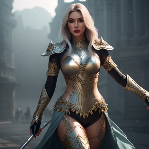  female armor hyperrealistic, full body, detailed clothing, highly detailed, cinematic lighting, stunningly beautiful, intricate, sharp focus, f/1. 8, 85mm, (centered image composition), (professionally color graded), ((bright soft diffused light)), volumetric fog, trending on instagram, trending on tumblr, HDR 4K, 8K