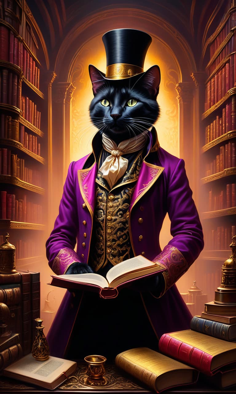  Oil painting. Highly detailed book illustration. Distant background. Silhouette of a surreal unrealistic, fantastical big eyed magician cat:: black with gold subtle patterns. Fabulous, magical, cartoonish, positive, dreamy. Background surreal abstractionism: wizard's room with flasks, retorts, books. Background surreal abstractionism: wizard's room with flasks, retorts, books. Styles: neorococo, fantasy abstraction, surrealism, mysticism. In shades of pink and purple with elements of black and gold. In the manner of Andrew Jones, Fragonard, Carole Buck, Mab Graves, Bill Carman, Jean Baptiste Monge, Julie Dillon. High quality. hyperrealistic, full body, detailed clothing, highly detailed, cinematic lighting, stunningly beautiful, intricate, sharp focus, f/1. 8, 85mm, (centered image composition), (professionally color graded), ((bright soft diffused light)), volumetric fog, trending on instagram, trending on tumblr, HDR 4K, 8K