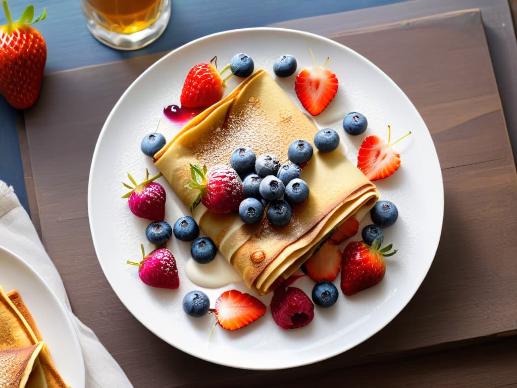  A highresolution image of a beautifully presented plate showcasing a stack of thin, goldenbrown crepes filled with vibrant, fresh fruits like strawberries, blueberries, and raspberries. The crepes are elegantly folded and topped with a dollop of Greek yogurt, a sprinkle of chia seeds, and a drizzle of honey, all set against a simple, white, minimalist background. This visually appealing and appetizing image perfectly complements the theme of "Crepes Fit: Un Giro Saludable en un Clásico Francés" with its focus on healthy, highend crepe preparation. hyperrealistic, full body, detailed clothing, highly detailed, cinematic lighting, stunningly beautiful, intricate, sharp focus, f/1. 8, 85mm, (centered image composition), (professionally color graded), ((bright soft diffused light)), volumetric fog, trending on instagram, trending on tumblr, HDR 4K, 8K