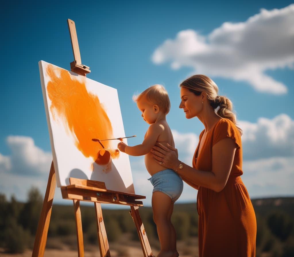  cinematic film still Mama, with a child, paint on an easel with orange paint, Mama, with child, paint on a cloud on an canvas, clear sky, blue sky background. . shallow depth of field, vignette, highly detailed, high budget, bokeh, cinemascope, moody, epic, gorgeous, film grain, grainy