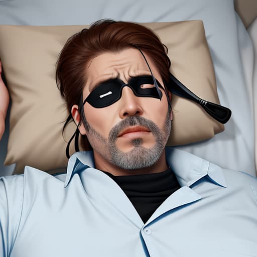  A man with earplugs and an eye patch lies peacefully in bed ，